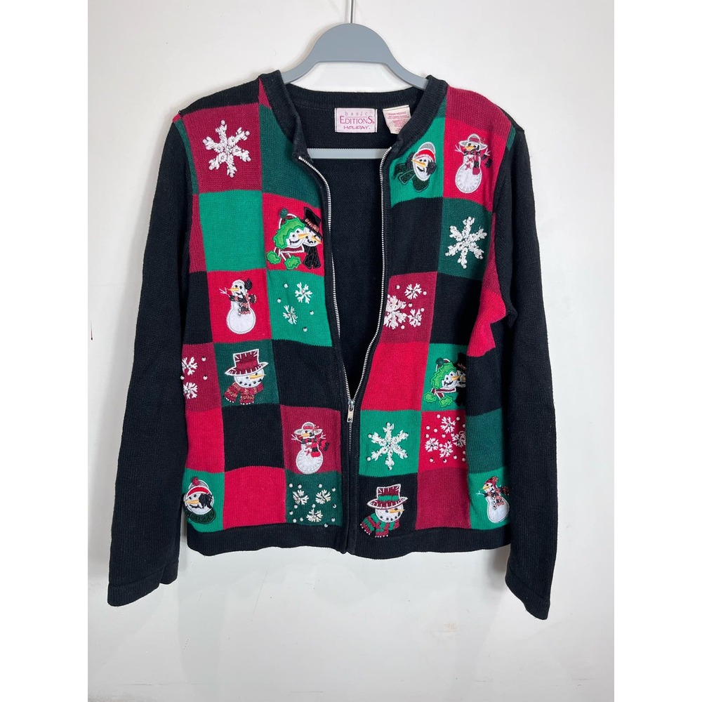 Vtg Basic Editions Womens Christmas Holiday Ugly Sweater Snowmen Snowflakes Sz M